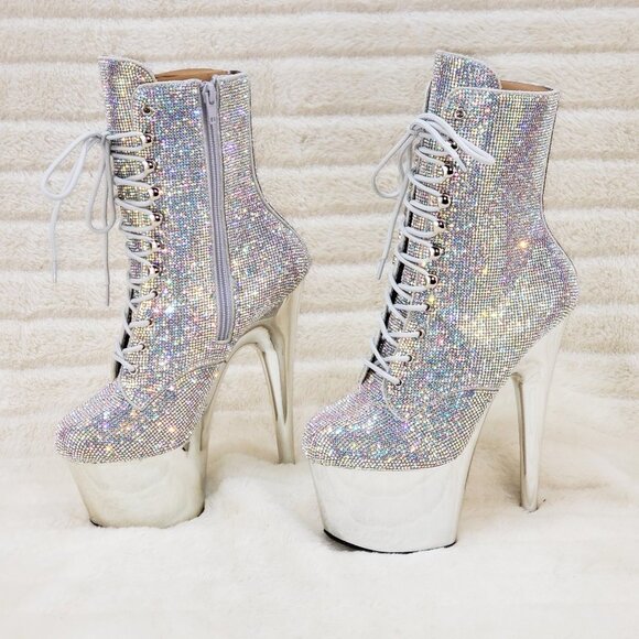 Bejeweled Silver Multi Color Rhinestone Platform Heel Ankle Boots
